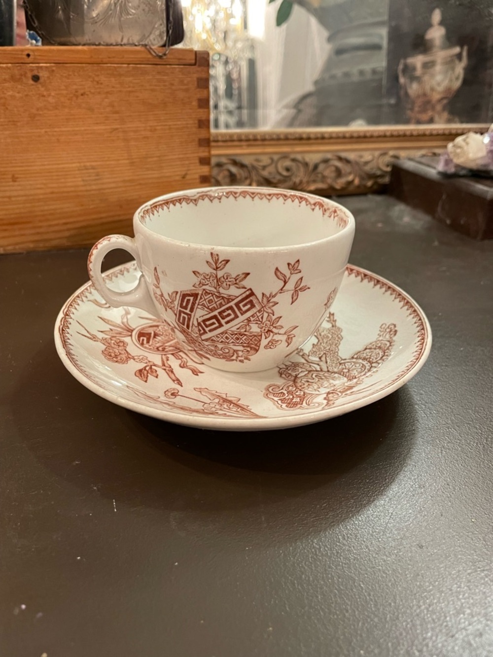 1878 A. Shaw “Corea” Pattern Floral Brown Transferware White Cup & Saucer Set